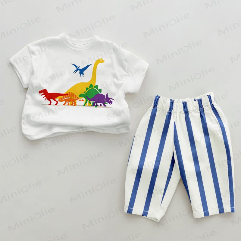 Baby Colorful Dinosaurs Blue Vertical Striped 2-piece Set - White&Blue - 2-3T - image 1