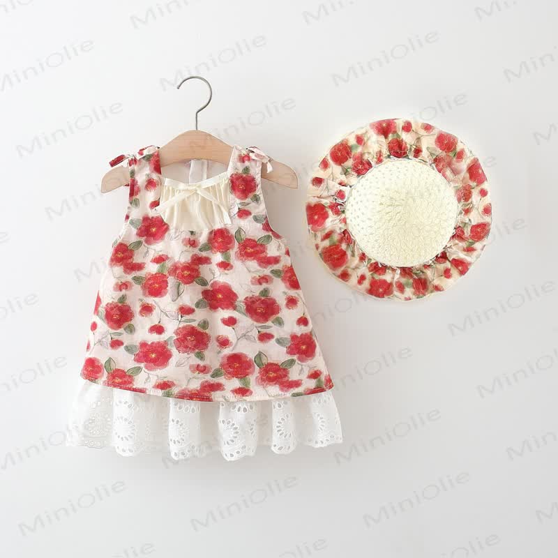 Baby Girl Red Flower Dress with Hat - Red - 2-3T - image 1