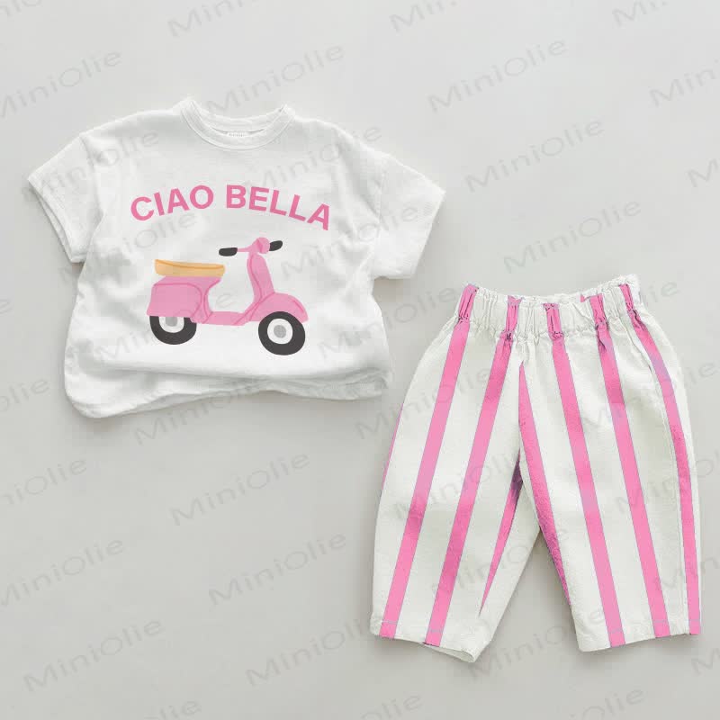 CIAO BELLA Baby Motorcycle Pink Vertical Striped 2-piece Set - White&Pink - 2-3T - image 1