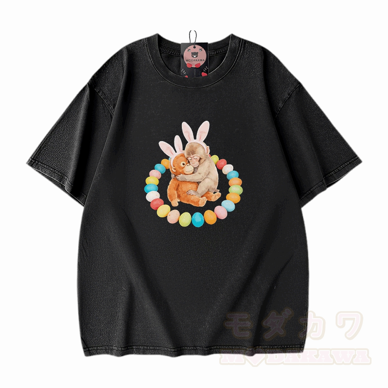 Easter Egg Monkey Graphic Modakawa Unisex Vintage Washed T-shirt - Black - 5XL - image 1