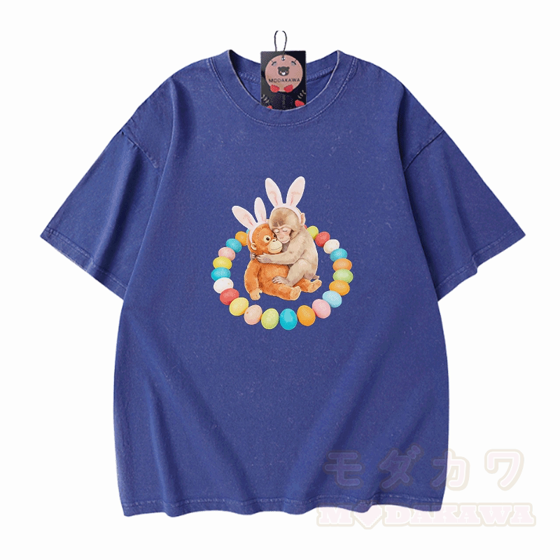 Easter Egg Monkey Graphic Modakawa Unisex Vintage Washed T-shirt - Blue - 5XL - image 4