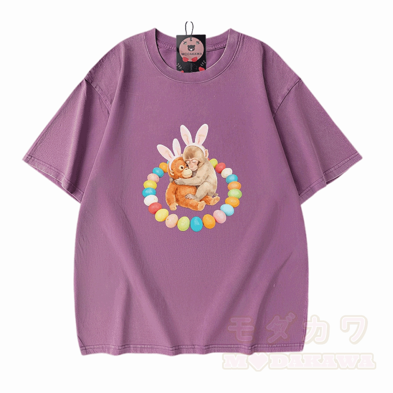 Easter Egg Monkey Graphic Modakawa Unisex Vintage Washed T-shirt - Purple - 5XL - image 8