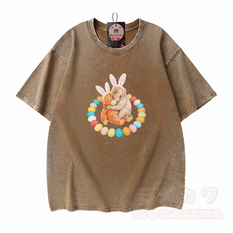 Easter Egg Monkey Graphic Modakawa Unisex Vintage Washed T-shirt - Brown - 5XL - image 5