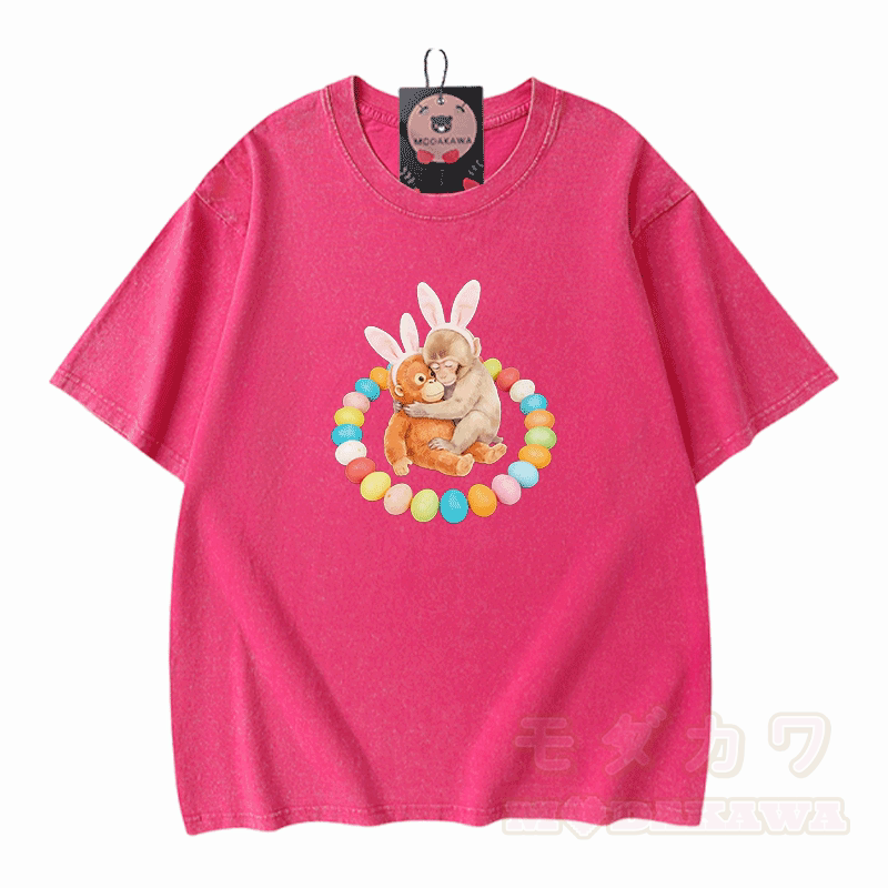 Easter Egg Monkey Graphic Modakawa Unisex Vintage Washed T-shirt - Rose Red - 5XL - image 9