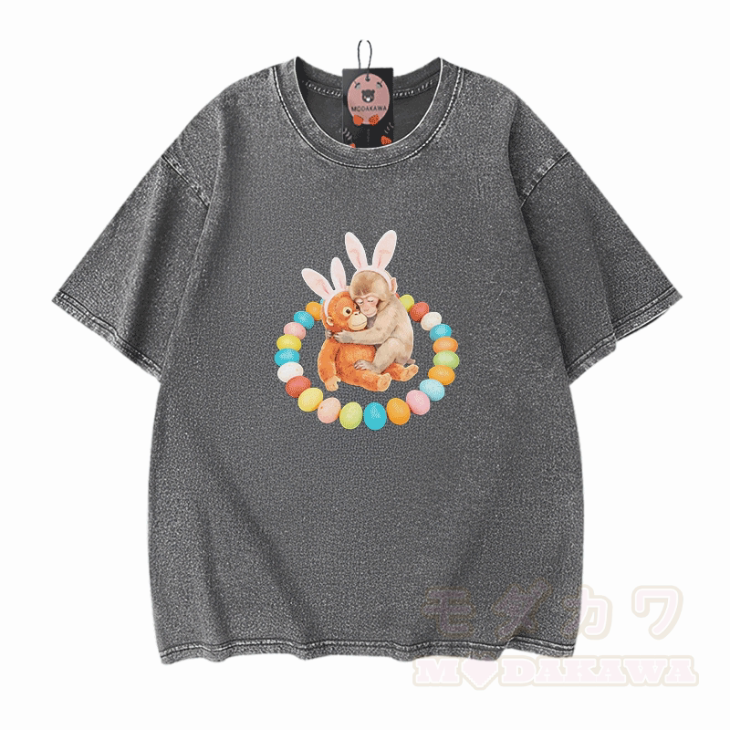 Easter Egg Monkey Graphic Modakawa Unisex Vintage Washed T-shirt - Grey - 5XL - image 7
