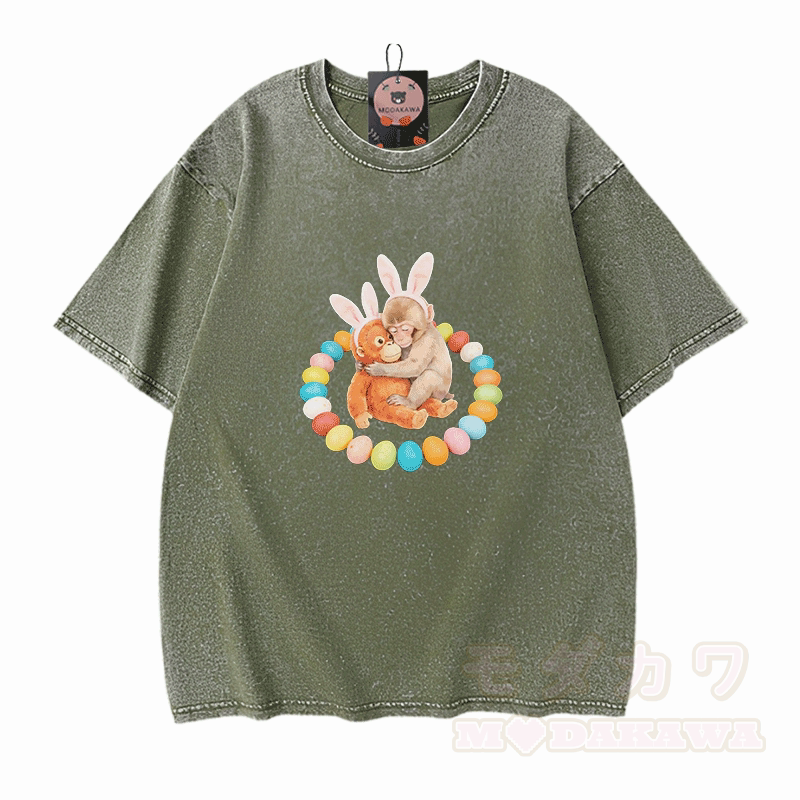 Easter Egg Monkey Graphic Modakawa Unisex Vintage Washed T-shirt - Green - 5XL - image 6