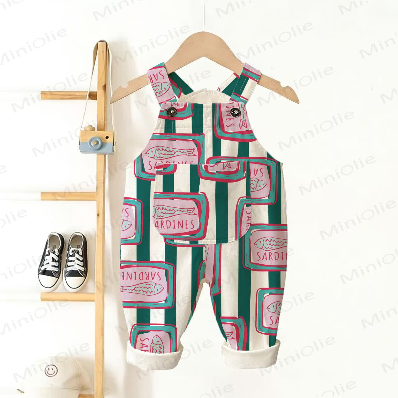Baby Toddler Canned Sardines Green Vertical Striped Overalls - White - 3-5T - image 1