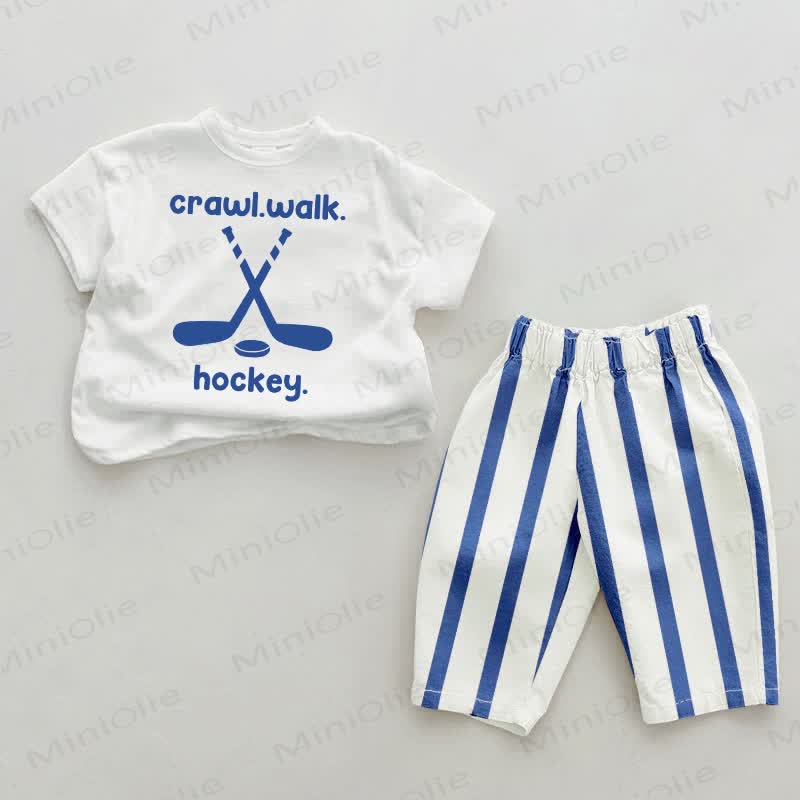 CRAWL.WALK.HOCKEY. Baby Blue Striped Pants 2-piece Set - White&Blue - 2-3T - image 1