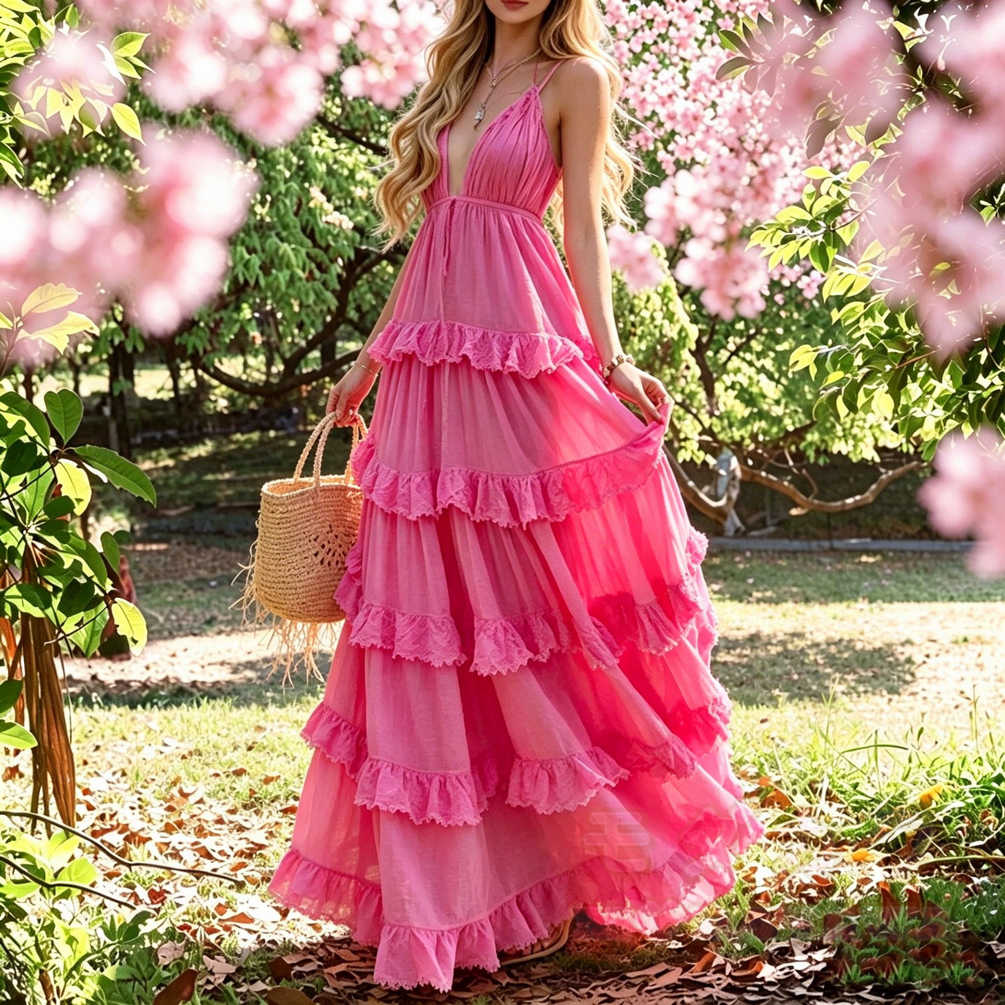 Boho Maxikleid mit tiefem V-Ausschnitt, Spaghettiträgern und Rüschen - Rosa - L - image 1