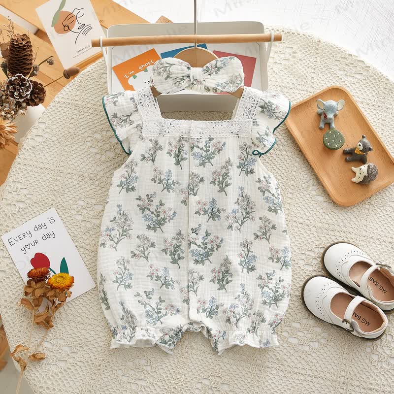 Baby Floral Lace Square Neck Sleeveless Romper - Beige - 18-24M - image 1