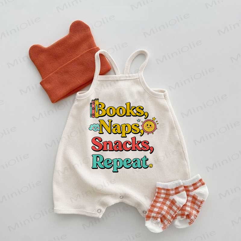 BOOKS, NAPS, SNACKS, REPEAT Baby Waffle Suspenders Romper - Beige - 18-24M - image 1