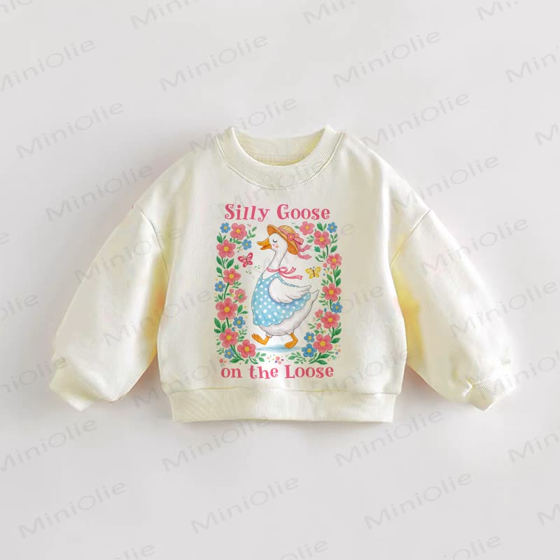 SILLY GOOSE ON THE LOOSE Baby Toddler Goose and Flowers Pattern Sweatshirt - Cream - 3-5T - image 1